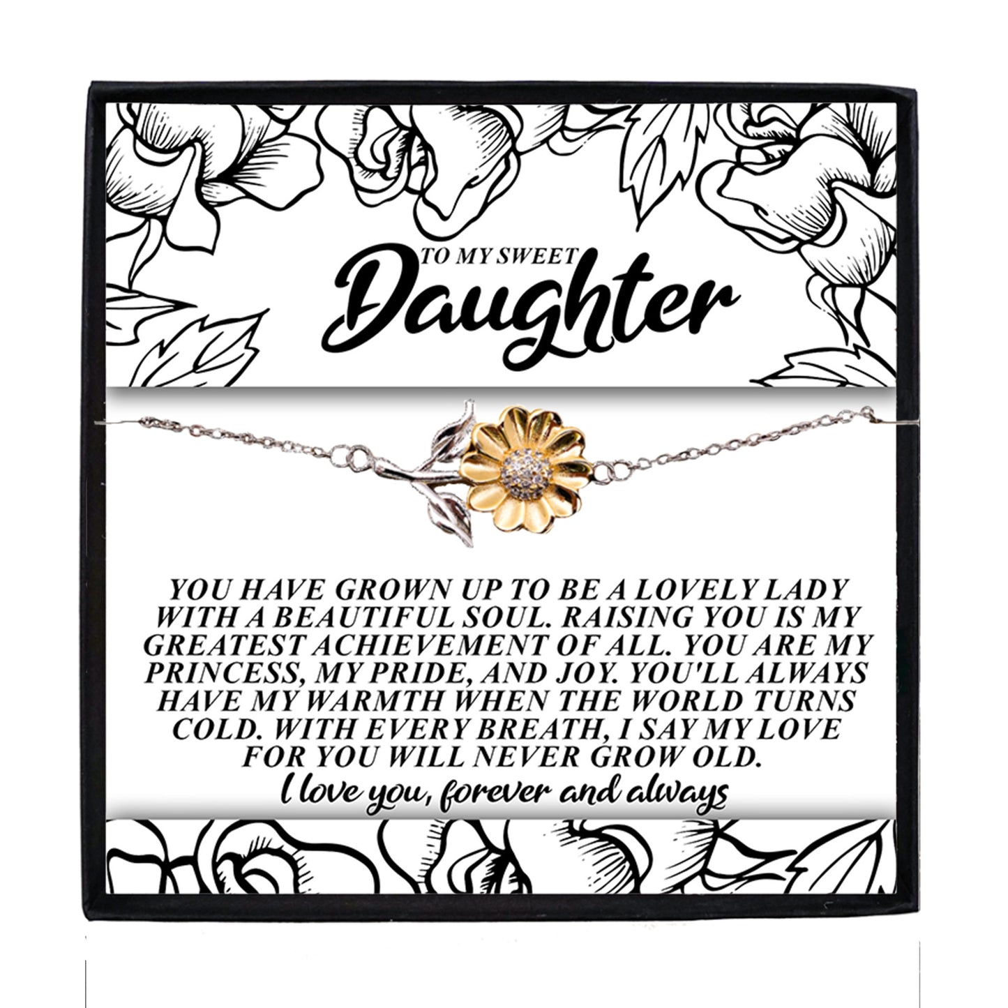 To My Sweet Daughter – You’ll Always Have My Warmth When the World Turns Cold – Sunflower Bracelet Gift from Mom or Dad with Message Card - Mallard Moon Gift Shop