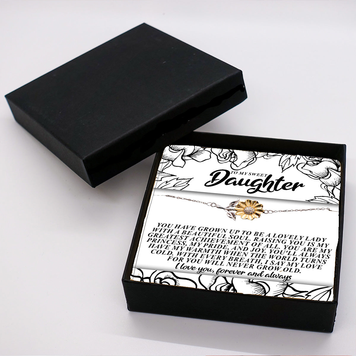 To My Sweet Daughter – You’ll Always Have My Warmth When the World Turns Cold – Sunflower Bracelet Gift from Mom or Dad with Message Card - Mallard Moon Gift Shop