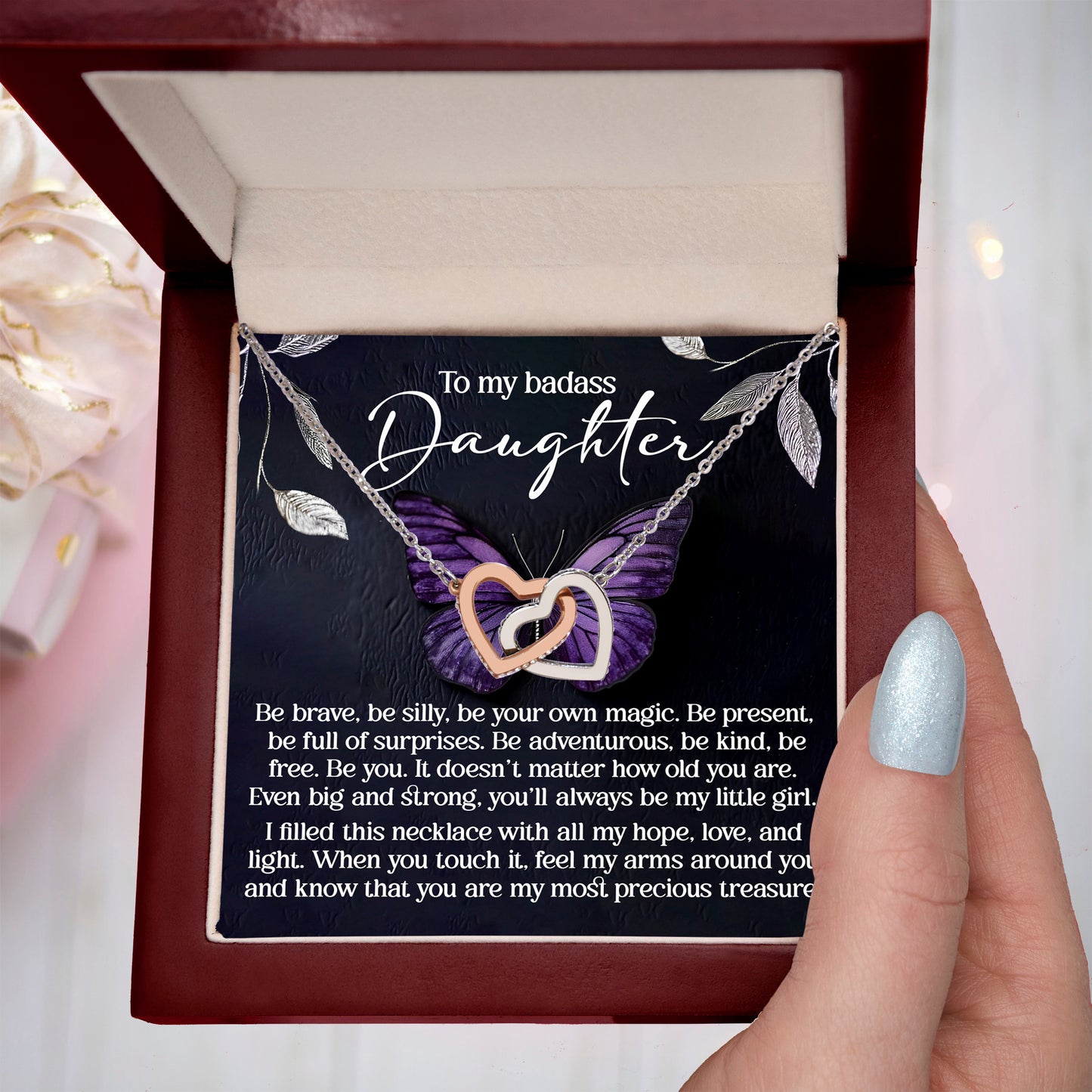 To My Badass Daughter - Be Your Own Magic - Interlocking Hearts Necklace – Empowering Gift for Strength & Confidence - Mallard Moon Gift Shop