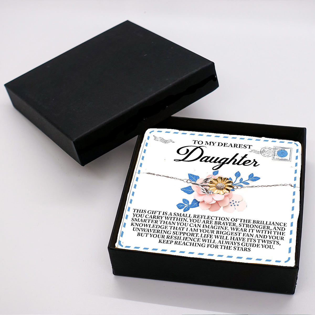 To My Dearest Daughter – Keep Reaching for the Stars - Sunflower Bracelet Gift with Message Card - Mallard Moon Gift Shop