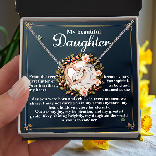 To My Beautiful Daughter - First Flutter of Your Heart Beat -  Interlocking Hearts Necklace – Sentimental Gift of Love & Encouragement - Mallard Moon Gift Shop