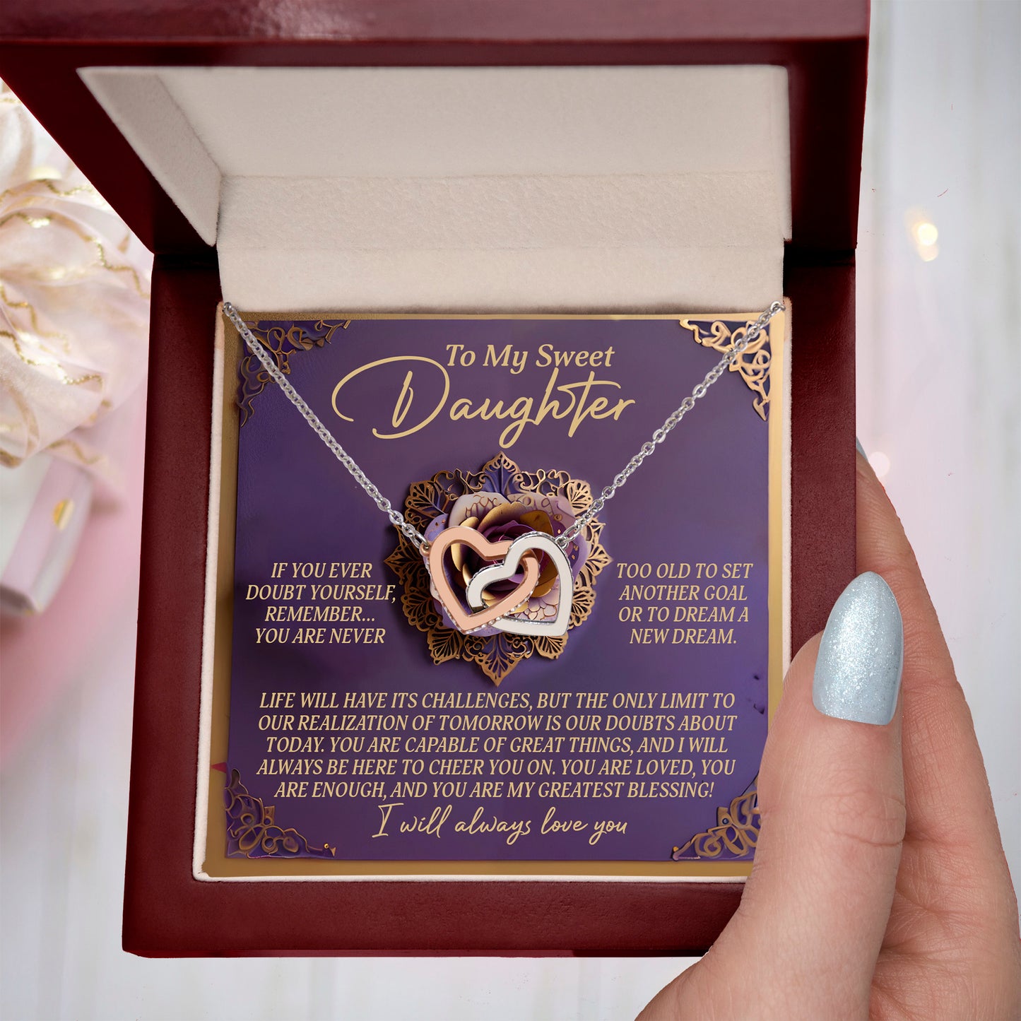 To My Sweet Daughter - You Are My Greatest Blessing - Interlocking Hearts Necklace - Mallard Moon Gift Shop