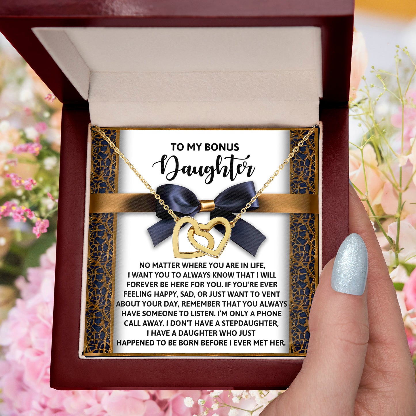 Bonus Daughter Heartfelt Gift Interlocking Hearts Necklace - I'm Only a Phone Call Away - Mallard Moon Gift Shop