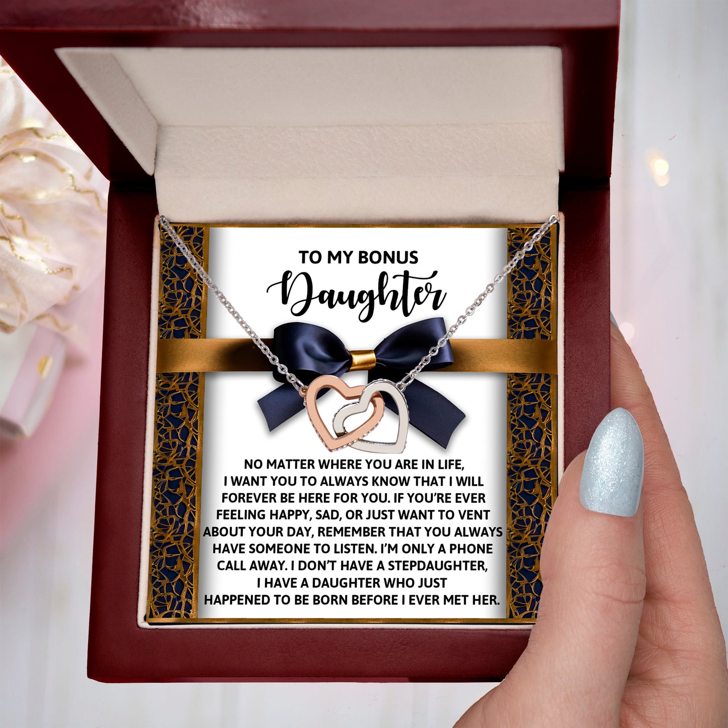 Bonus Daughter Heartfelt Gift Interlocking Hearts Necklace - I'm Only a Phone Call Away - Mallard Moon Gift Shop