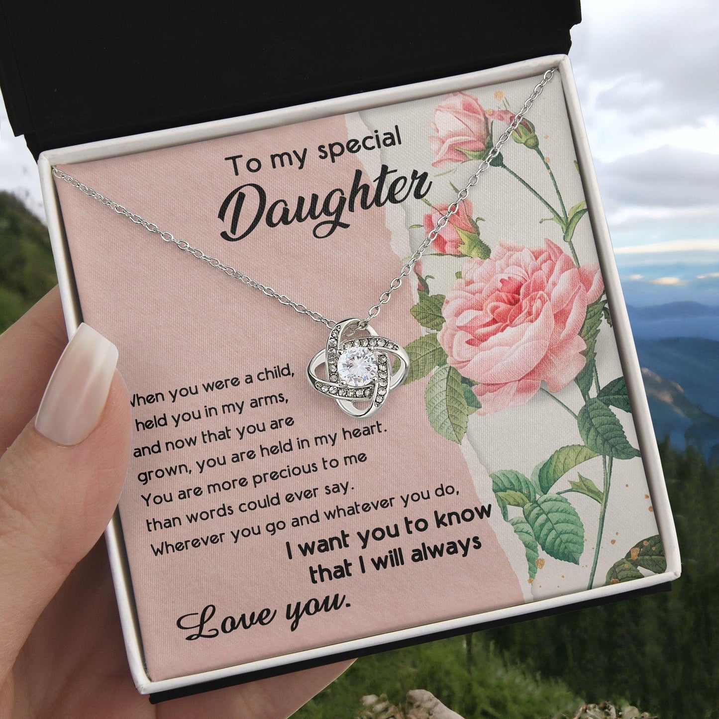 To My Daughter, I held You In My Arms Love Knot Necklace - Mallard Moon Gift Shop