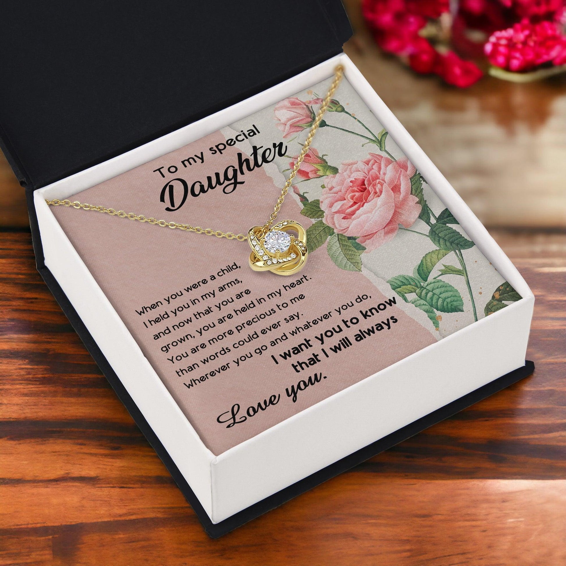 To My Daughter, I held You In My Arms Love Knot Necklace - Mallard Moon Gift Shop