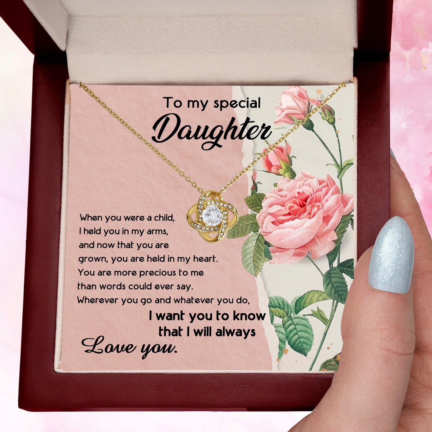 To My Daughter, I held You In My Arms Love Knot Necklace - Mallard Moon Gift Shop