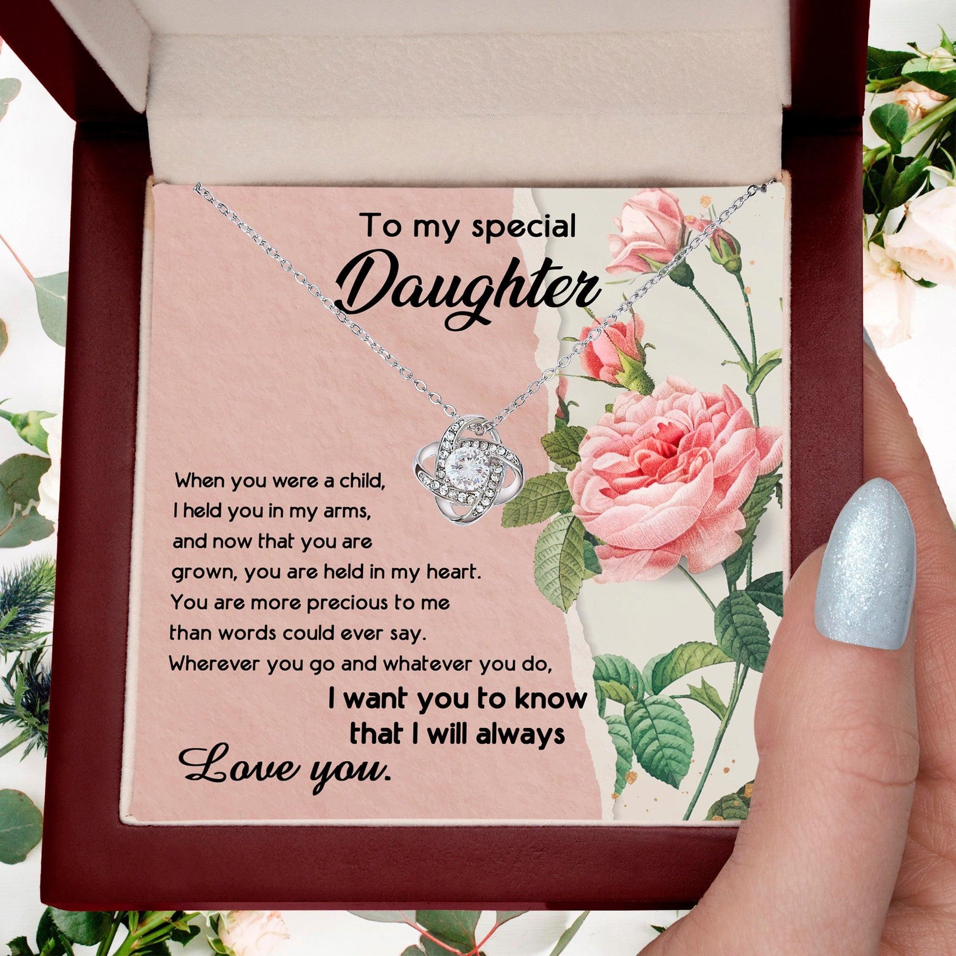 To My Daughter, I held You In My Arms Love Knot Necklace - Mallard Moon Gift Shop