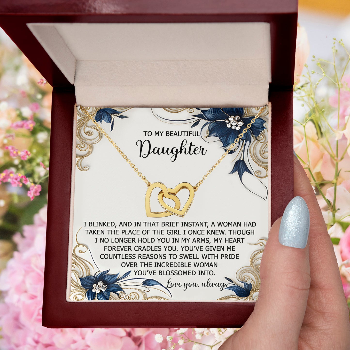 To My Beautiful Daughter - My Love and Pride - Interlocking Hearts Necklace - Mallard Moon Gift Shop