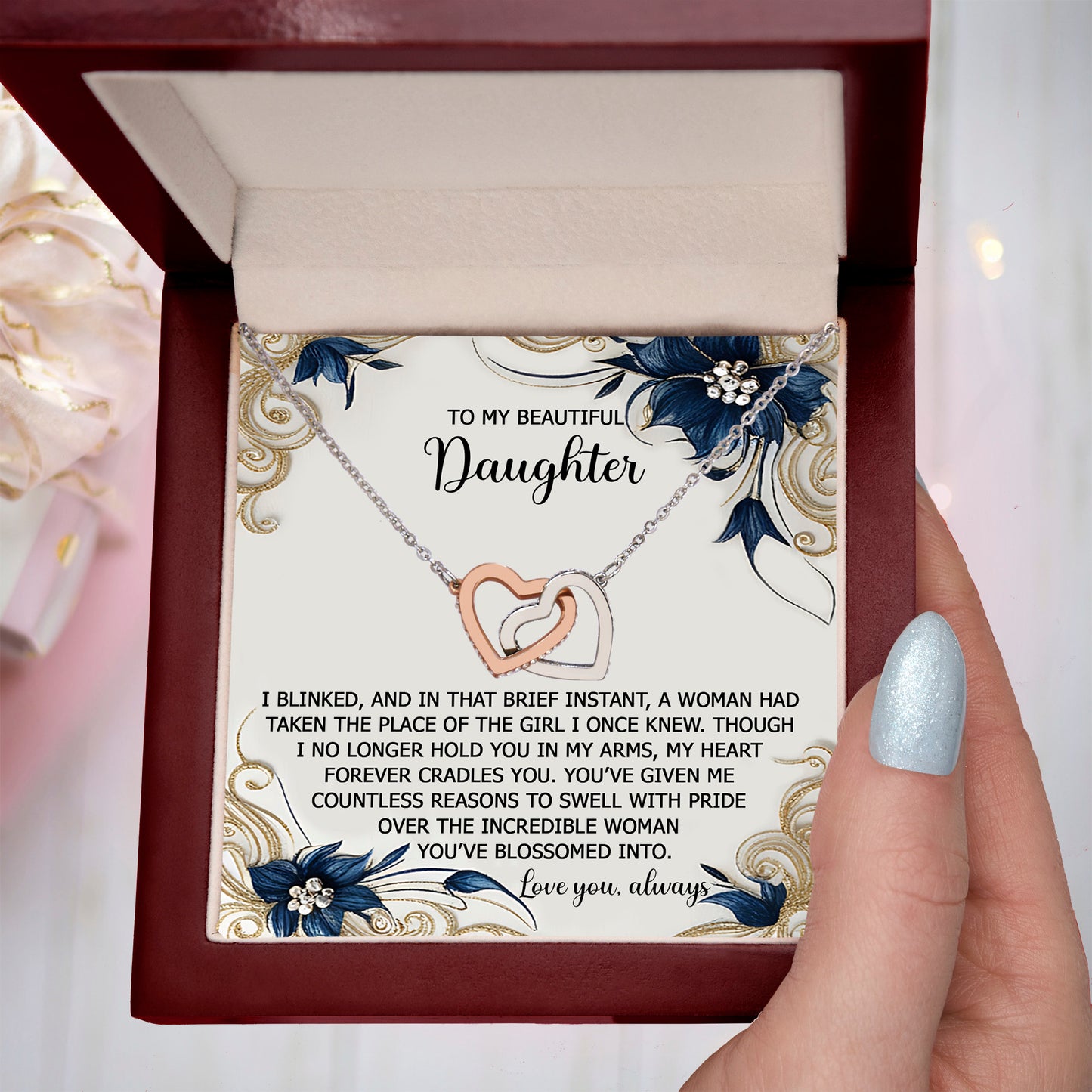 To My Beautiful Daughter - My Love and Pride - Interlocking Hearts Necklace - Mallard Moon Gift Shop
