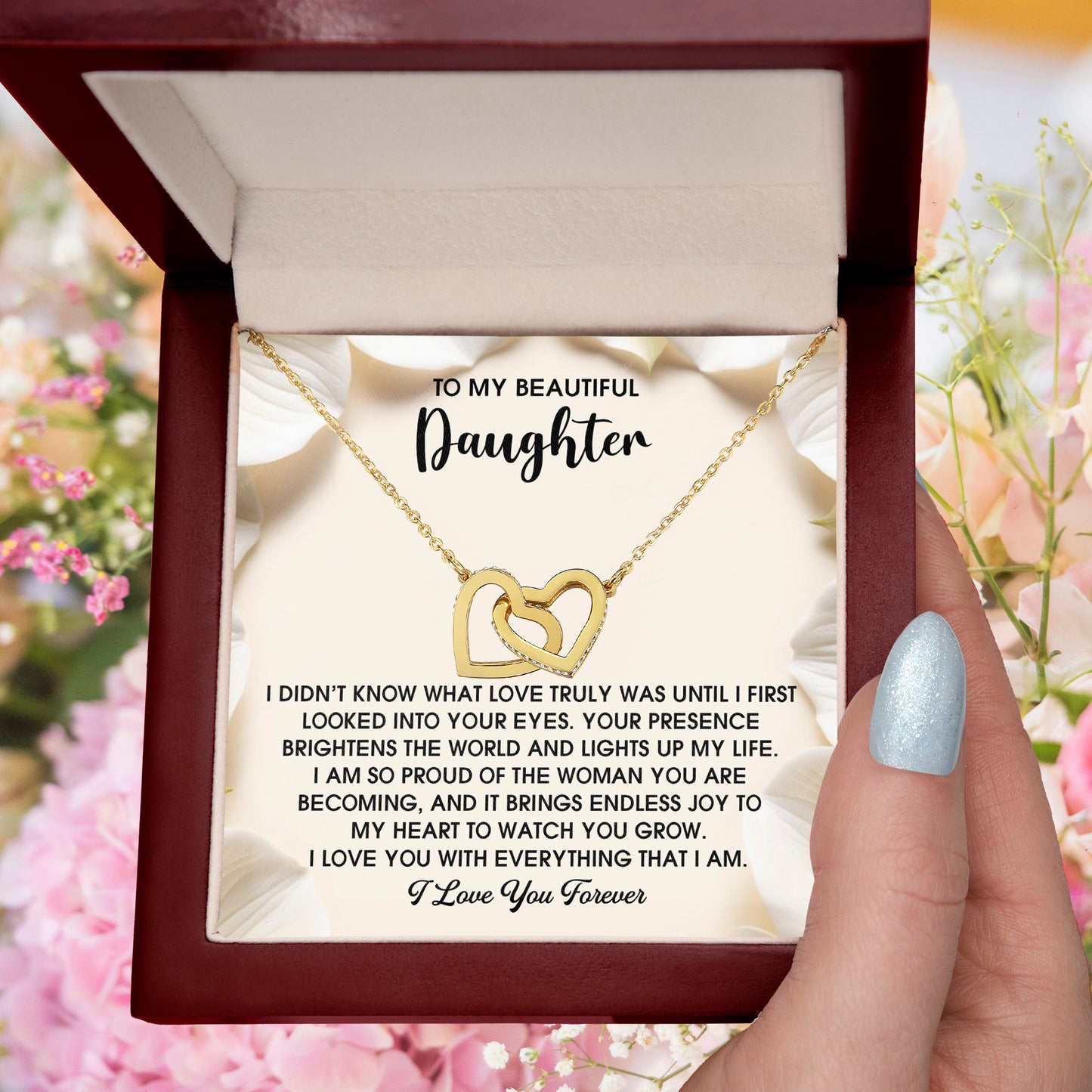 To My Beautiful Daughter – A Heartfelt Gift of Love & Pride- Interlocking Hearts Necklace - Mallard Moon Gift Shop