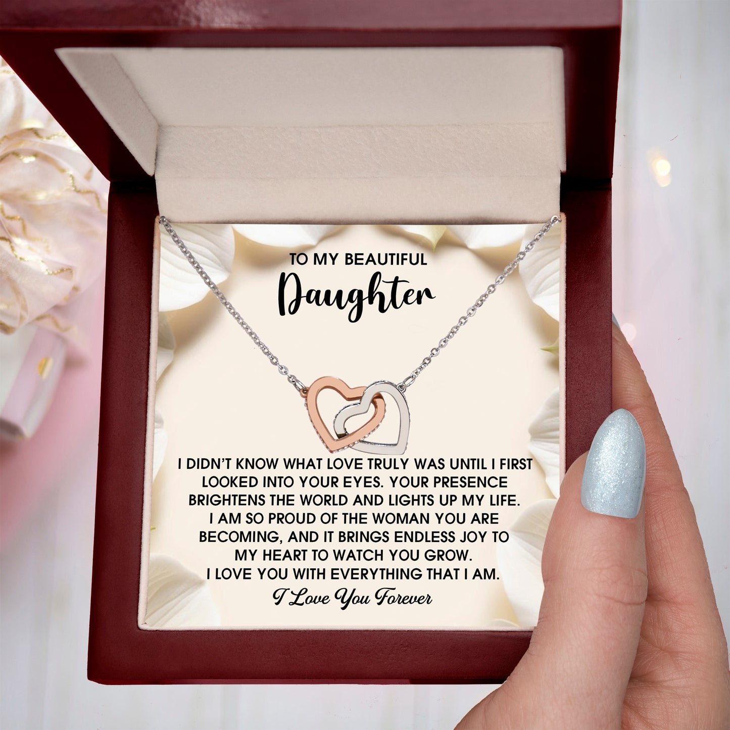 To My Beautiful Daughter – A Heartfelt Gift of Love & Pride- Interlocking Hearts Necklace - Mallard Moon Gift Shop
