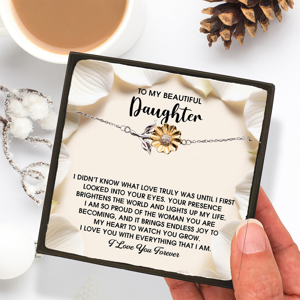 Daughter Sunflower Bracelet - Proud of You – 925 Sterling Silver with 18K Gold-Plated Petals – Meaningful Jewelry Gift from Parent – Includes Heartfelt Message Card - Mallard Moon Gift Shop