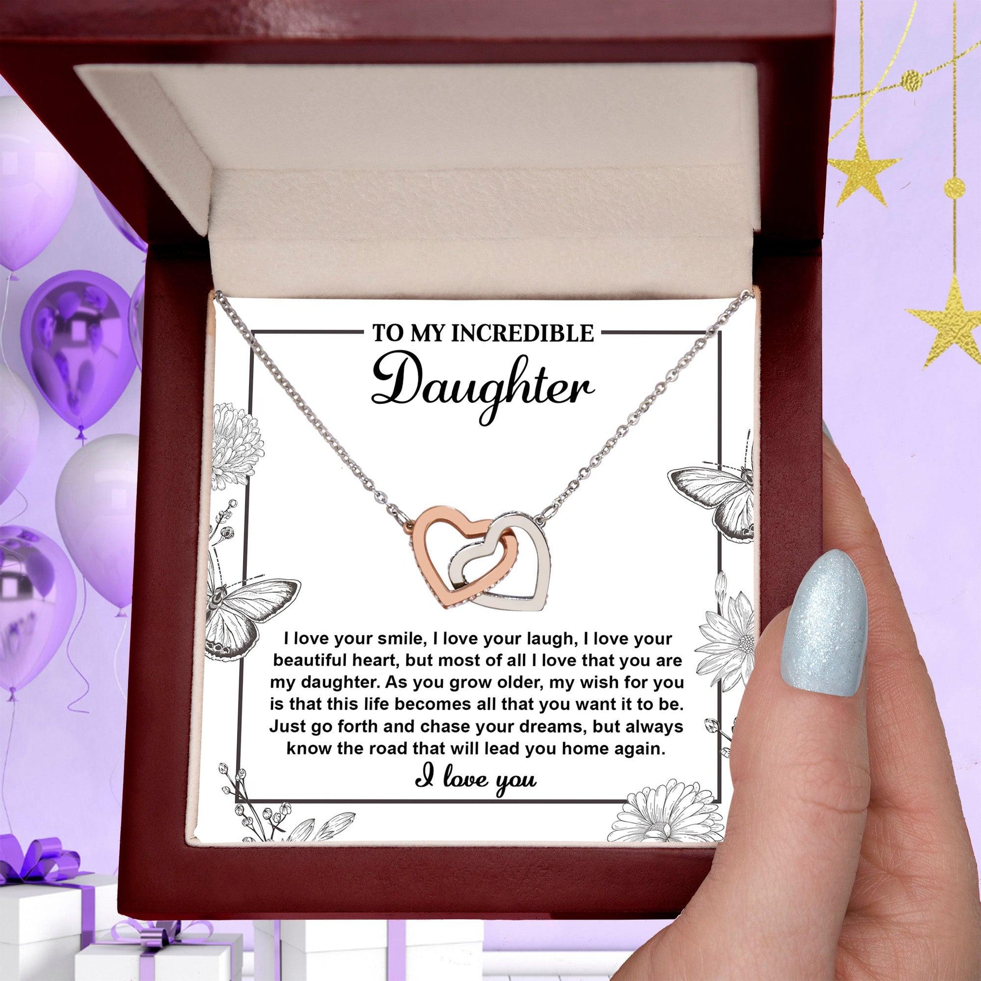 Gift for Daughter with Inspirational Message -I Love Your Smile - Lead You Home Interlocking Hearts Necklace - Mallard Moon Gift Shop