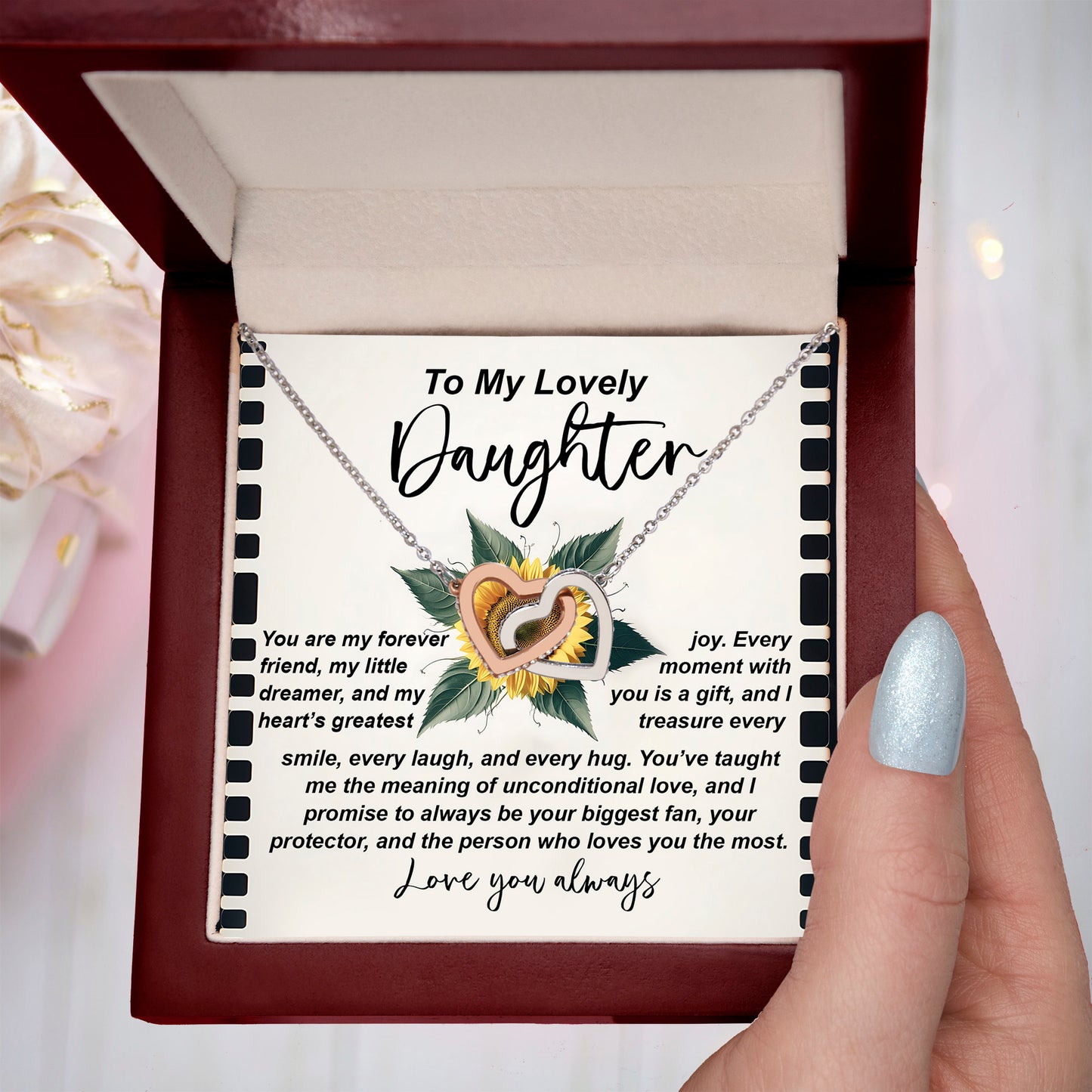 To My Lovely Daughter - Sentimental Gift of Love & Pride - Interlocking Hearts Necklace - Mallard Moon Gift Shop