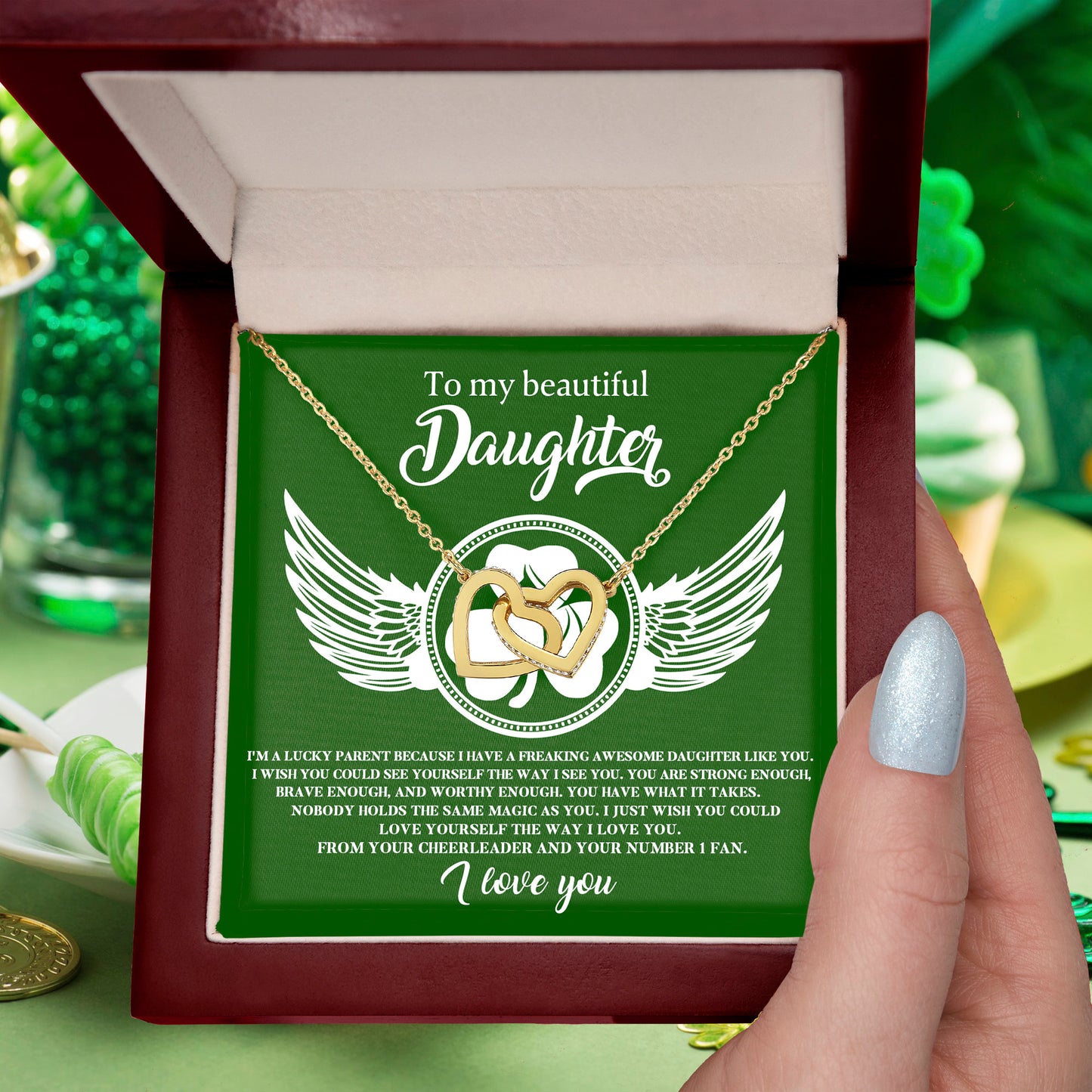 To My Beautiful Daughter – A Lucky & Loving Gift of Strength and Encouragement- Interlocking Hearts Necklace with Inspirational Message - Mallard Moon Gift Shop
