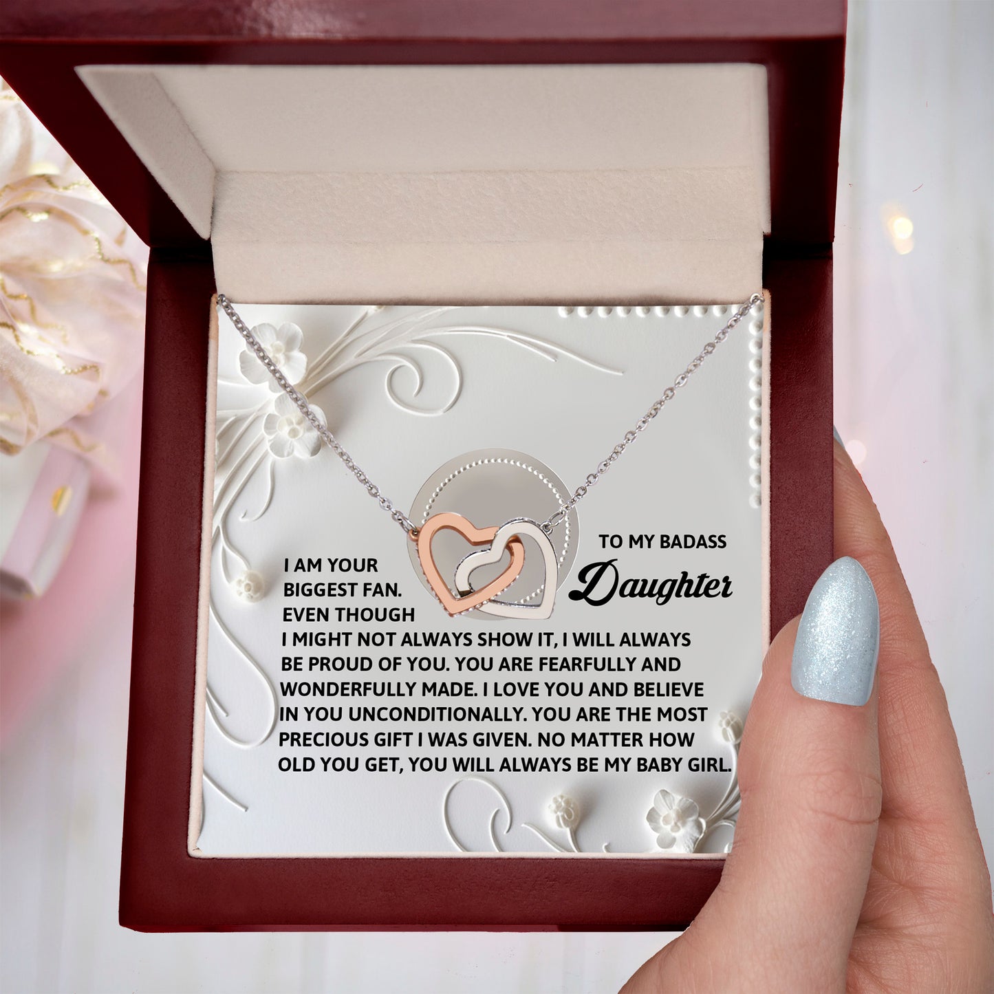 To My Badass Daughter - A Bold & Heartfelt Gift of Love -Interlocking Hearts Necklace - Mallard Moon Gift Shop