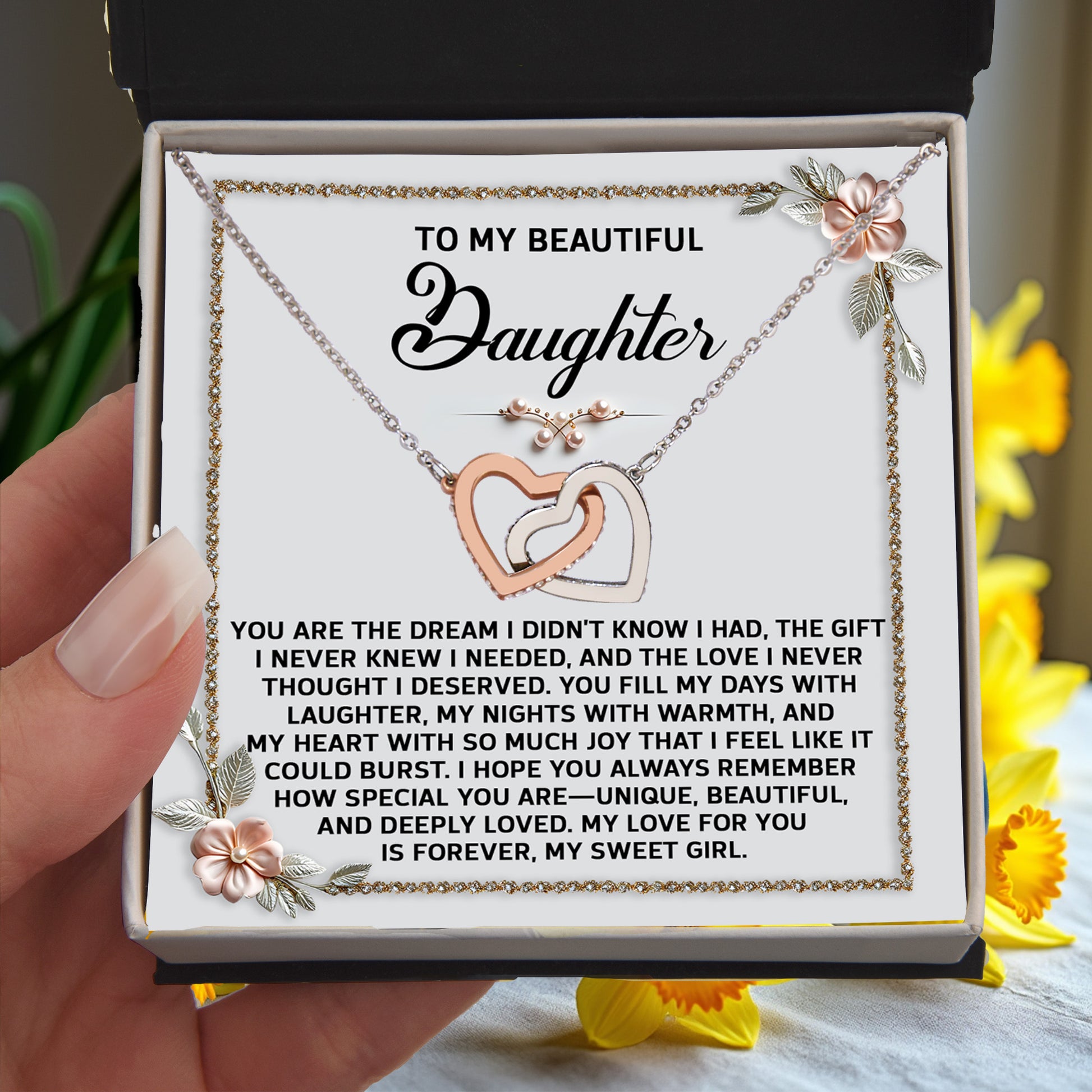 To My Beautiful Daughter - A Sentimental Gift of Love & Joy - Interlocking Hearts Necklace - Mallard Moon Gift Shop