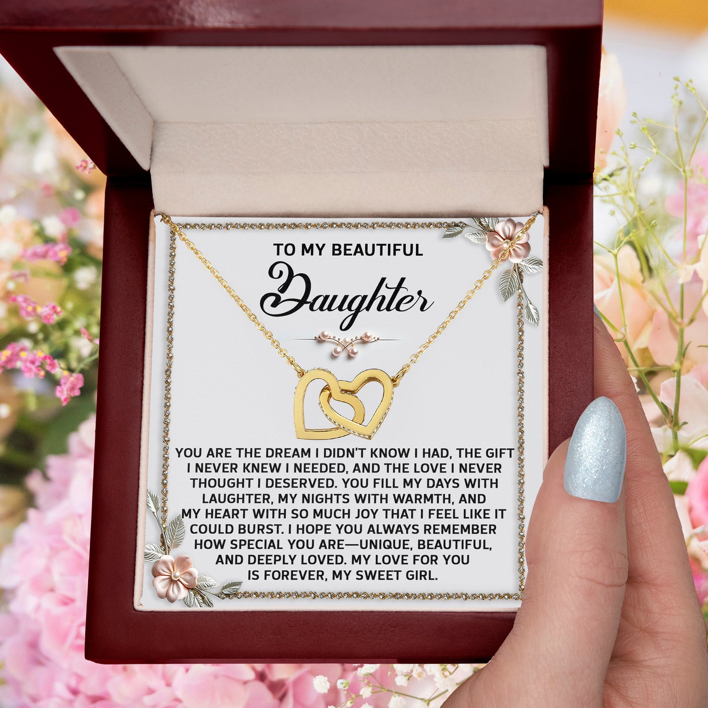 To My Beautiful Daughter - A Sentimental Gift of Love & Joy - Interlocking Hearts Necklace - Mallard Moon Gift Shop