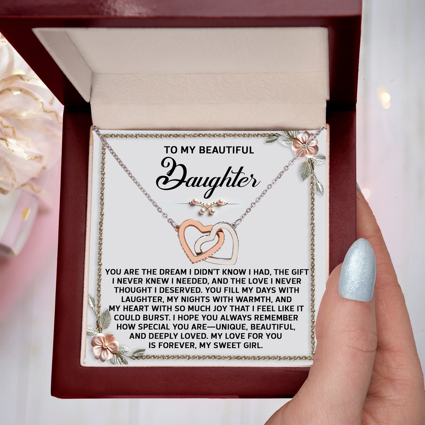 To My Beautiful Daughter - A Sentimental Gift of Love & Joy - Interlocking Hearts Necklace - Mallard Moon Gift Shop