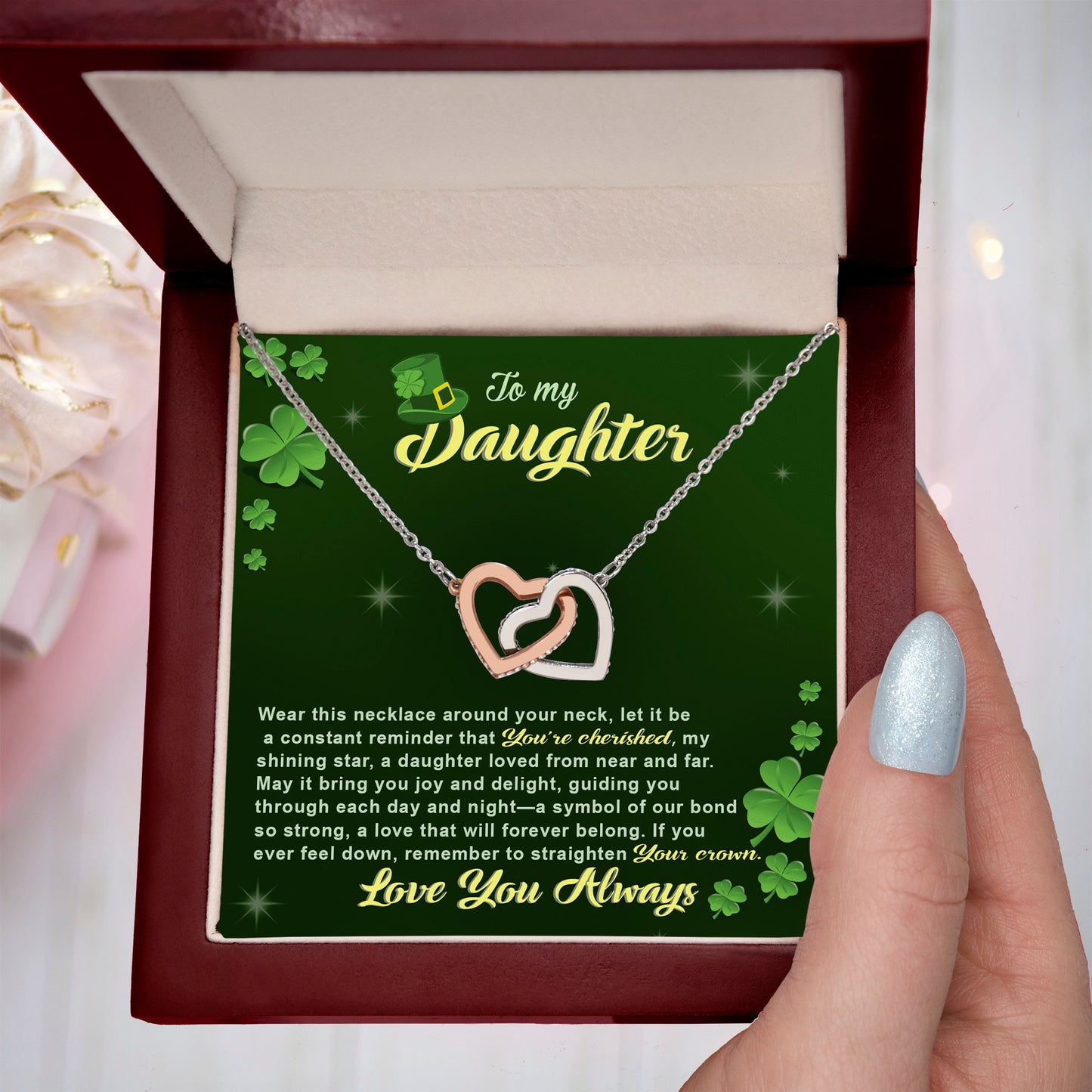 To My Cherished Daughter, My Shining Star– Interlocking Hearts Necklace St. Patrick's Day Gift - Mallard Moon Gift Shop