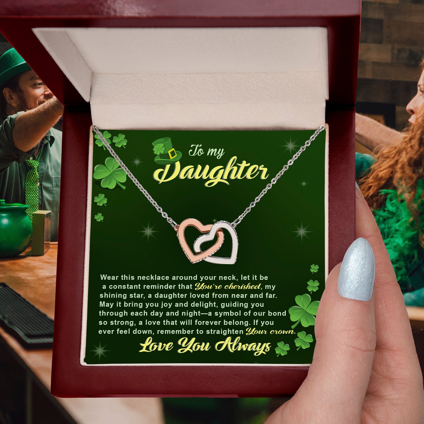 To My Cherished Daughter, My Shining Star– Interlocking Hearts Necklace St. Patrick's Day Gift - Mallard Moon Gift Shop