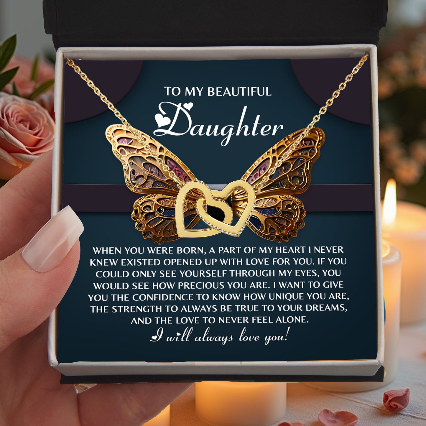 To My Beautiful Daughter- Never Feel Alone - Interlocking Hearts Necklace - Mallard Moon Gift Shop