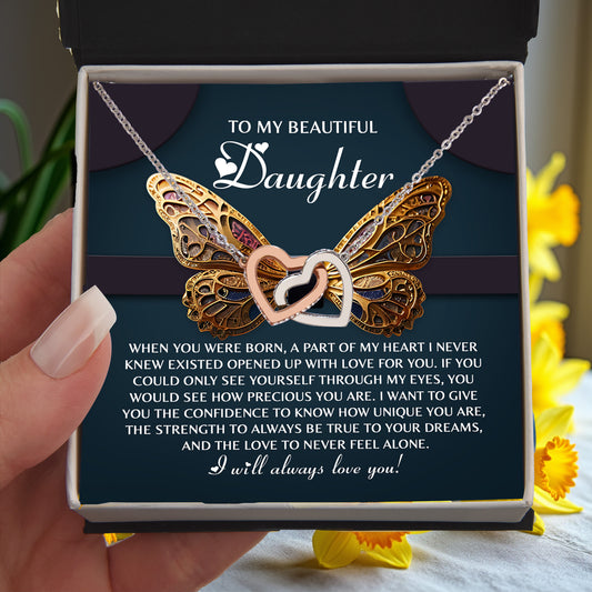 To My Beautiful Daughter- Never Feel Alone - Interlocking Hearts Necklace - Mallard Moon Gift Shop
