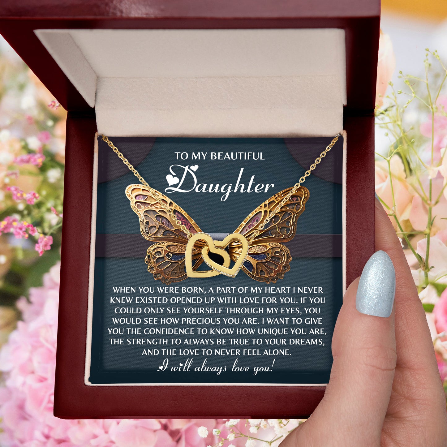 To My Beautiful Daughter- Never Feel Alone - Interlocking Hearts Necklace - Mallard Moon Gift Shop