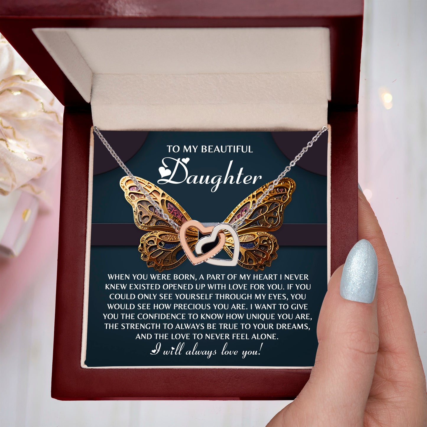To My Beautiful Daughter- Never Feel Alone - Interlocking Hearts Necklace - Mallard Moon Gift Shop