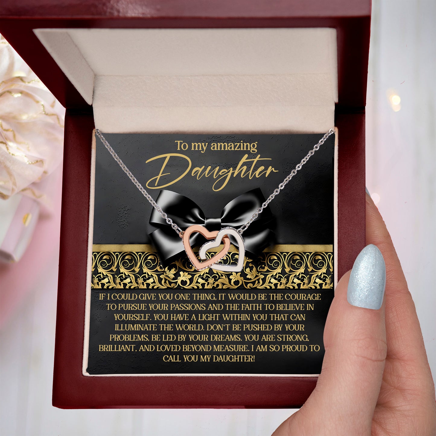 To My Amazing Daughter - Pursue Your Passions & Believe in Yourself - Interlocking Hearts Necklace - Mallard Moon Gift Shop
