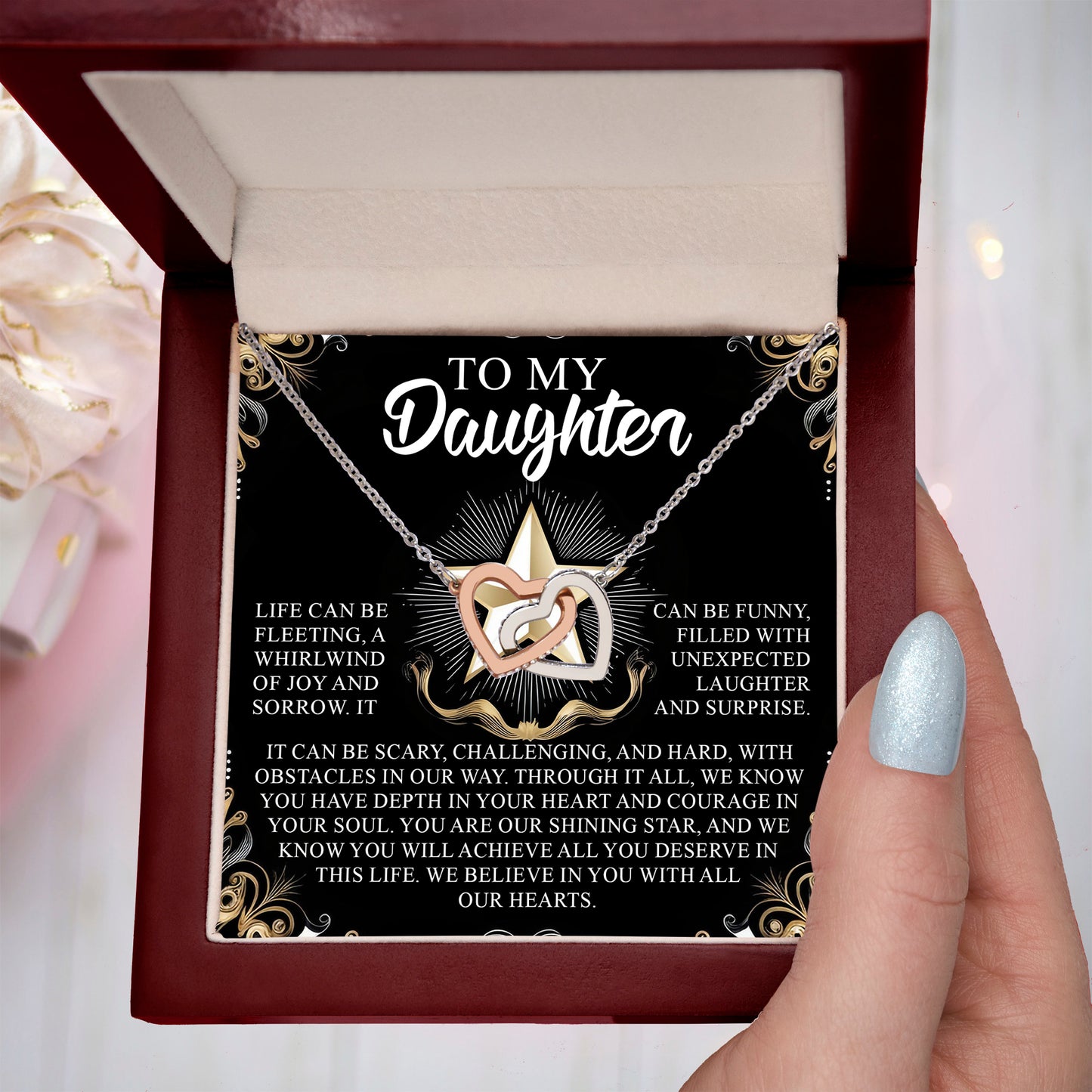 To My Daughter - You Are Our Shining Star - Interlocking Hearts Necklace - Mallard Moon Gift Shop