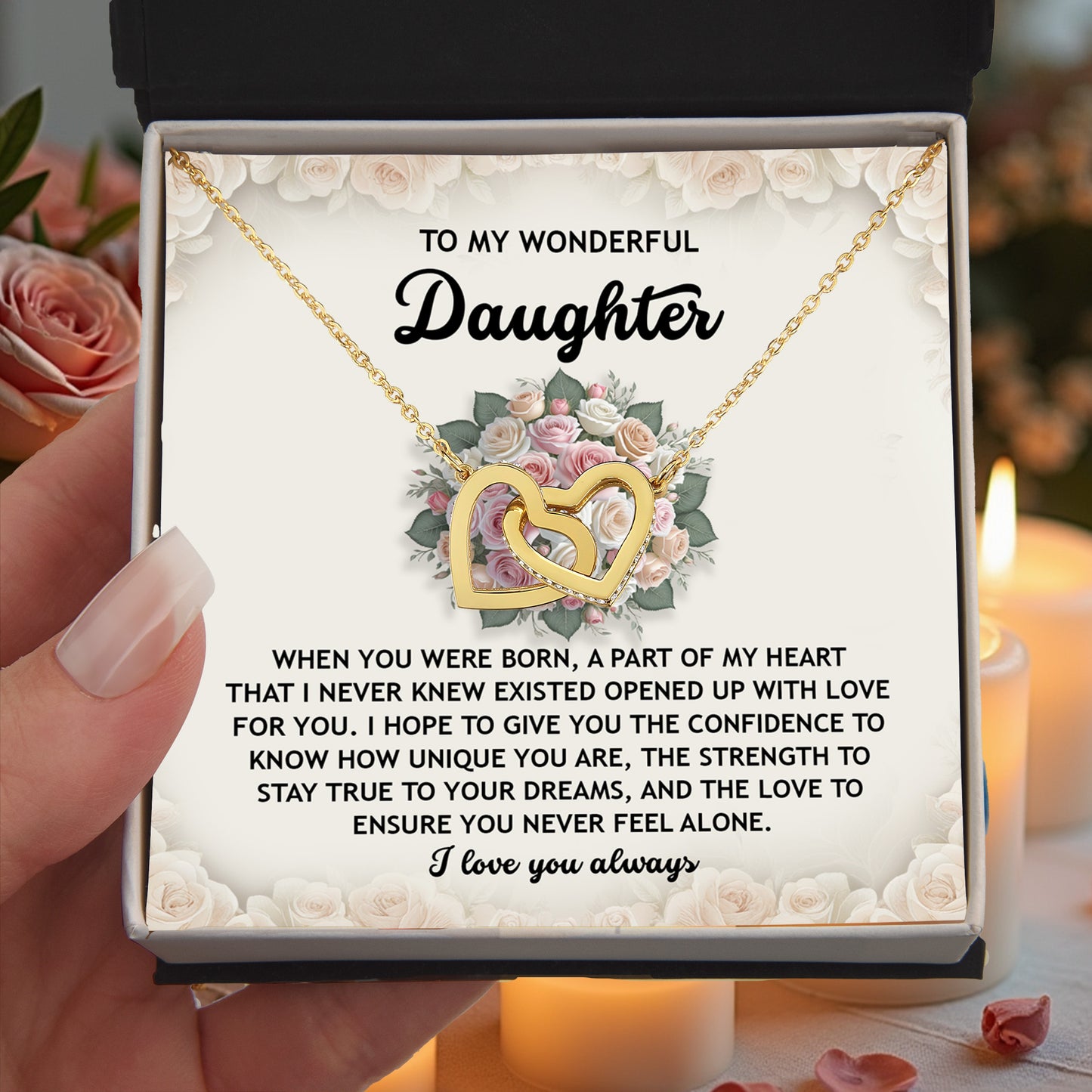 To My Wonderful Daughter -Stay True To Your Dreams- Interlocking Hearts Necklace - Mallard Moon Gift Shop