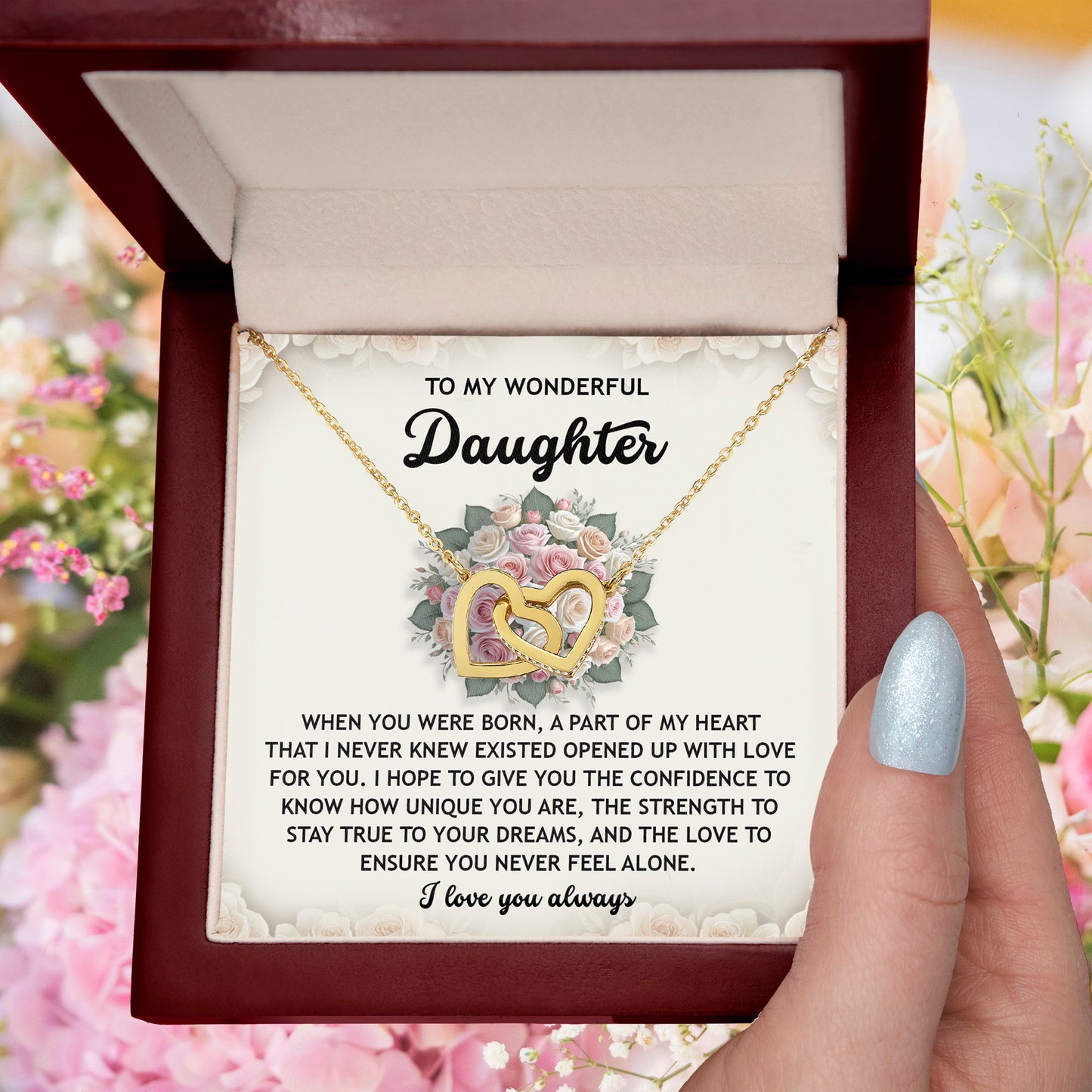 To My Wonderful Daughter -Stay True To Your Dreams- Interlocking Hearts Necklace - Mallard Moon Gift Shop