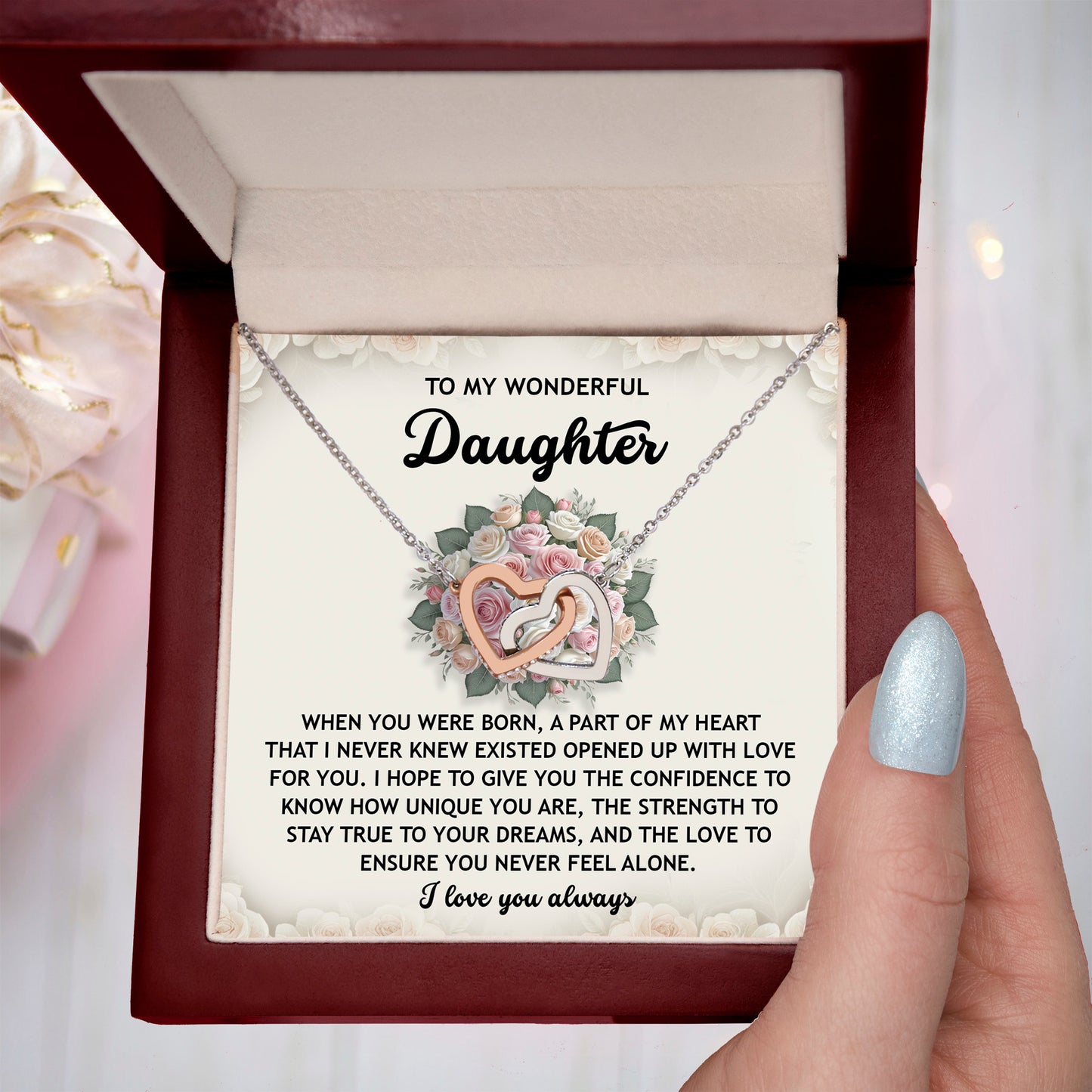 To My Wonderful Daughter -Stay True To Your Dreams- Interlocking Hearts Necklace - Mallard Moon Gift Shop