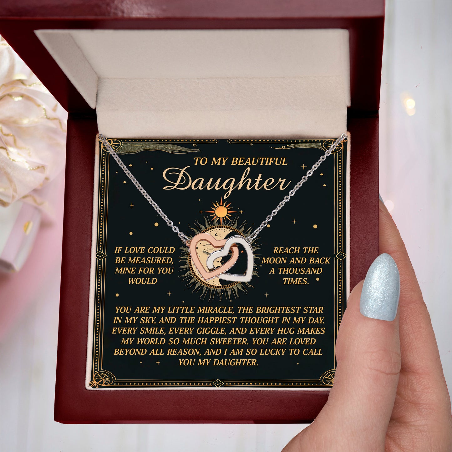 To My Beautiful Daughter – A Gift as Infinite as the Stars & Moon - Interlocking Hearts Necklace - Mallard Moon Gift Shop