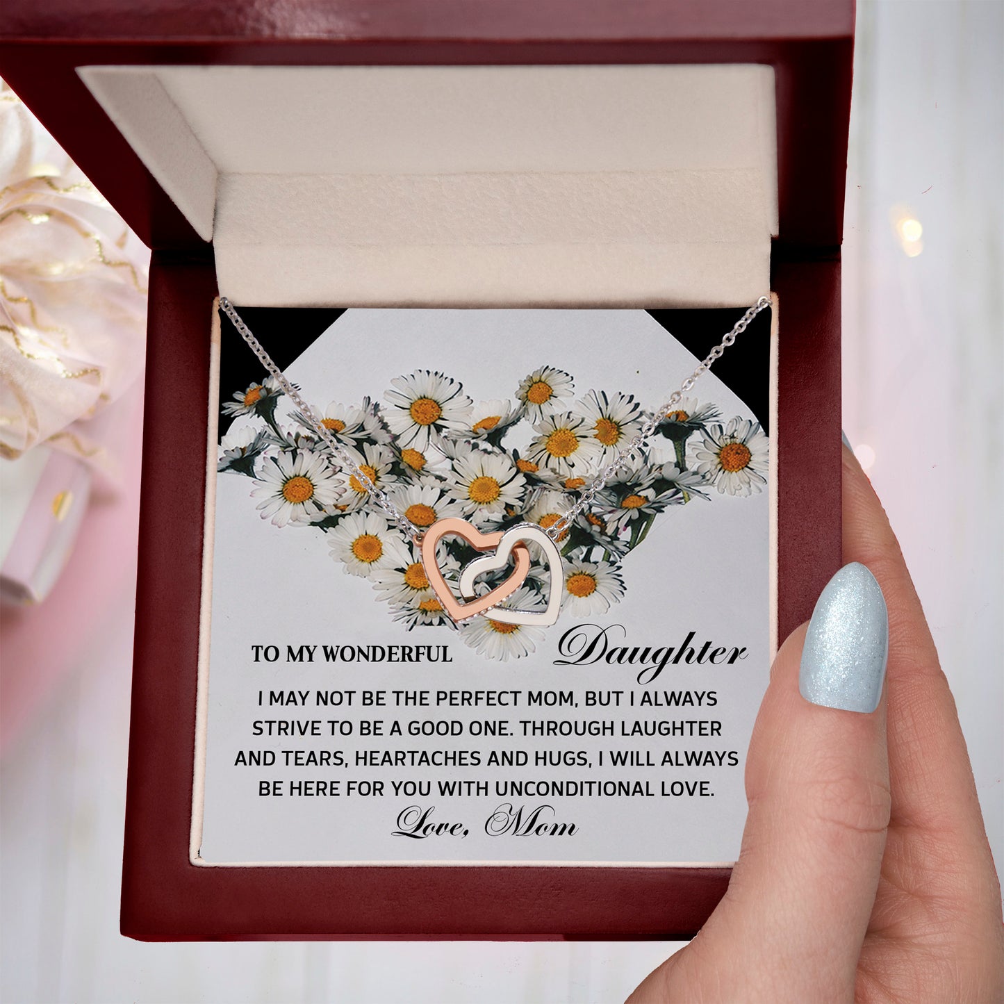 To My Wonderful Daughter - Unconditional Love from Mom - Interlocking Hearts Necklace - Mallard Moon Gift Shop