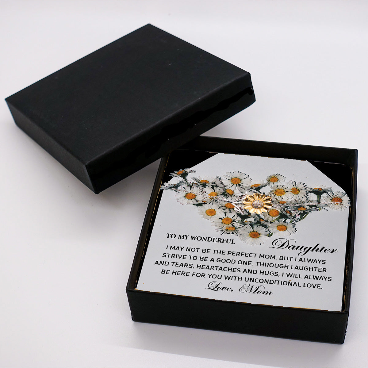Daughter Sunflower Bracelet Sterling Silver with 18K Gold-Plated Petals – Sentimental Birthday Graduation Christmas Jewelry Gift from Mom Unconditional Love Heartfelt Message Card - Mallard Moon Gift Shop
