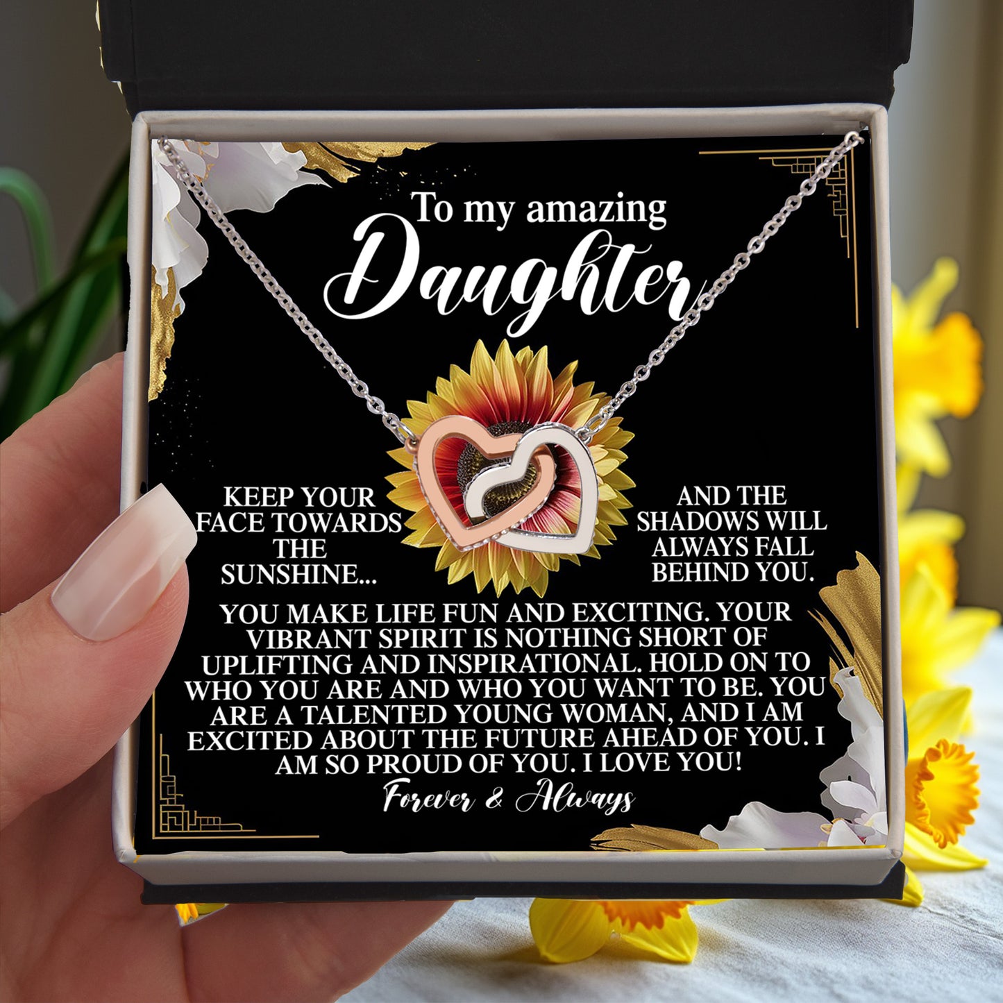 To My Amazing Daughter - Your Vibrant Spirit Inspires Me - Interlocking Hearts Necklace - Mallard Moon Gift Shop