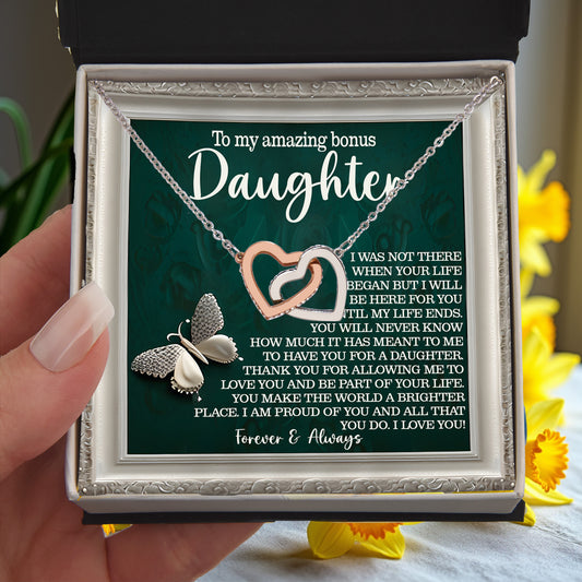 Bonus Daughter Gift - You Make the World a Brighter Place - Interlocking Hearts Necklace - Mallard Moon Gift Shop