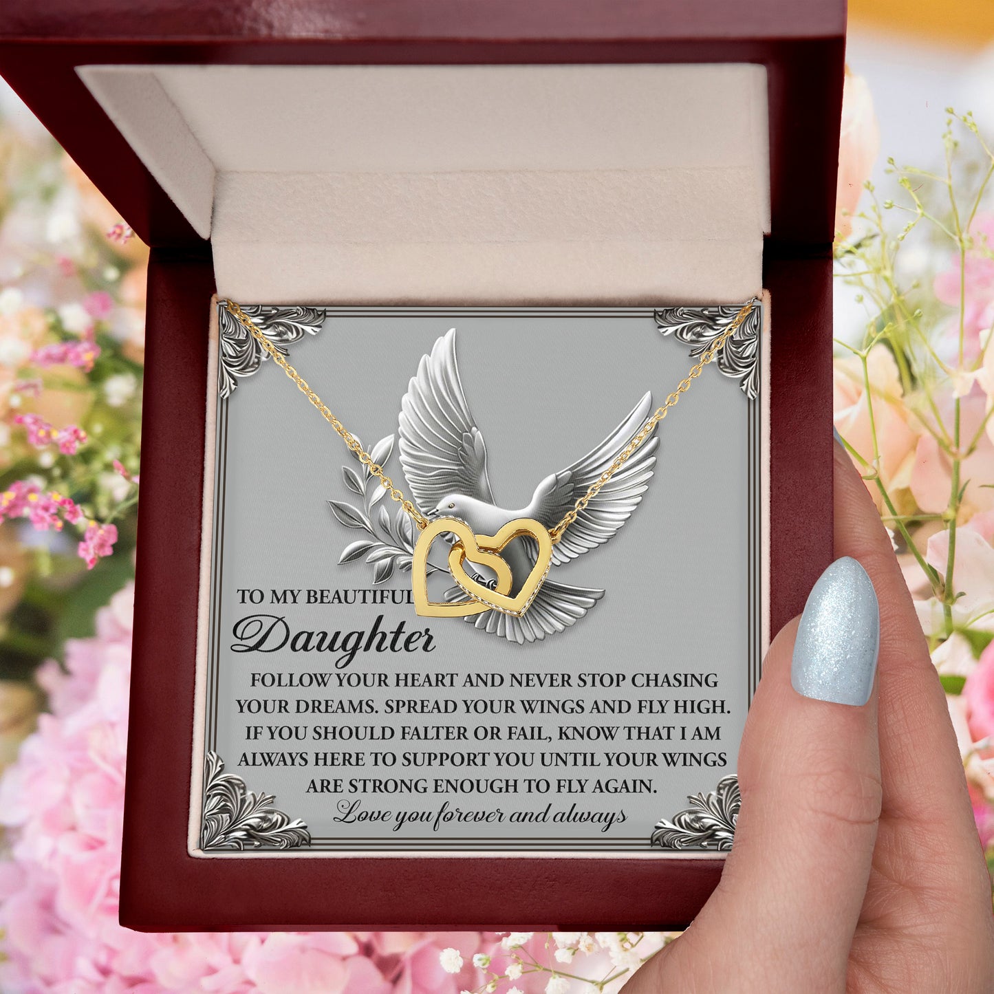 To My Beautiful Daughter - Spread Your Wings & Fly High - Interlocking Hearts Necklace - Mallard Moon Gift Shop