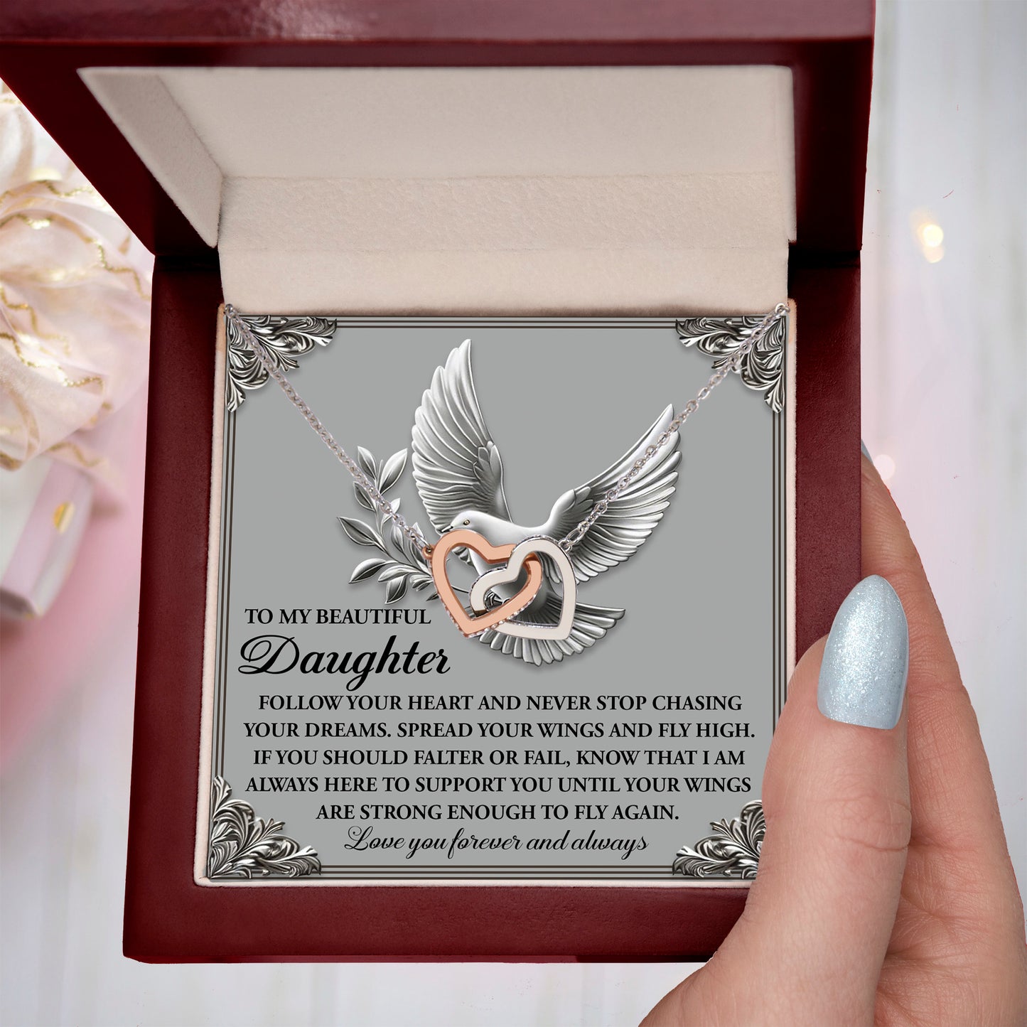 To My Beautiful Daughter - Spread Your Wings & Fly High - Interlocking Hearts Necklace - Mallard Moon Gift Shop