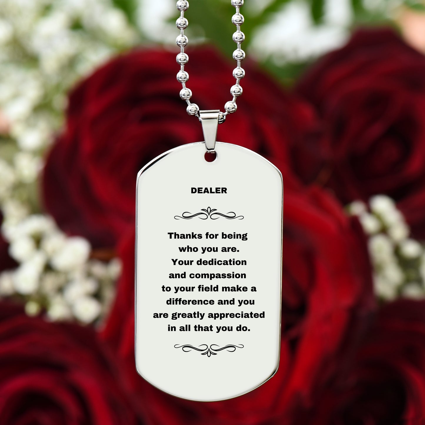 Dealer Dog Tag Necklace – Stainless Steel Pendant with Engraved Appreciation Message – Thoughtful Gift for Casino Dealers, Card Dealers, Poker Enthusiasts – Durable & Scratch-Resistant Jewelry - Mallard Moon Gift Shop