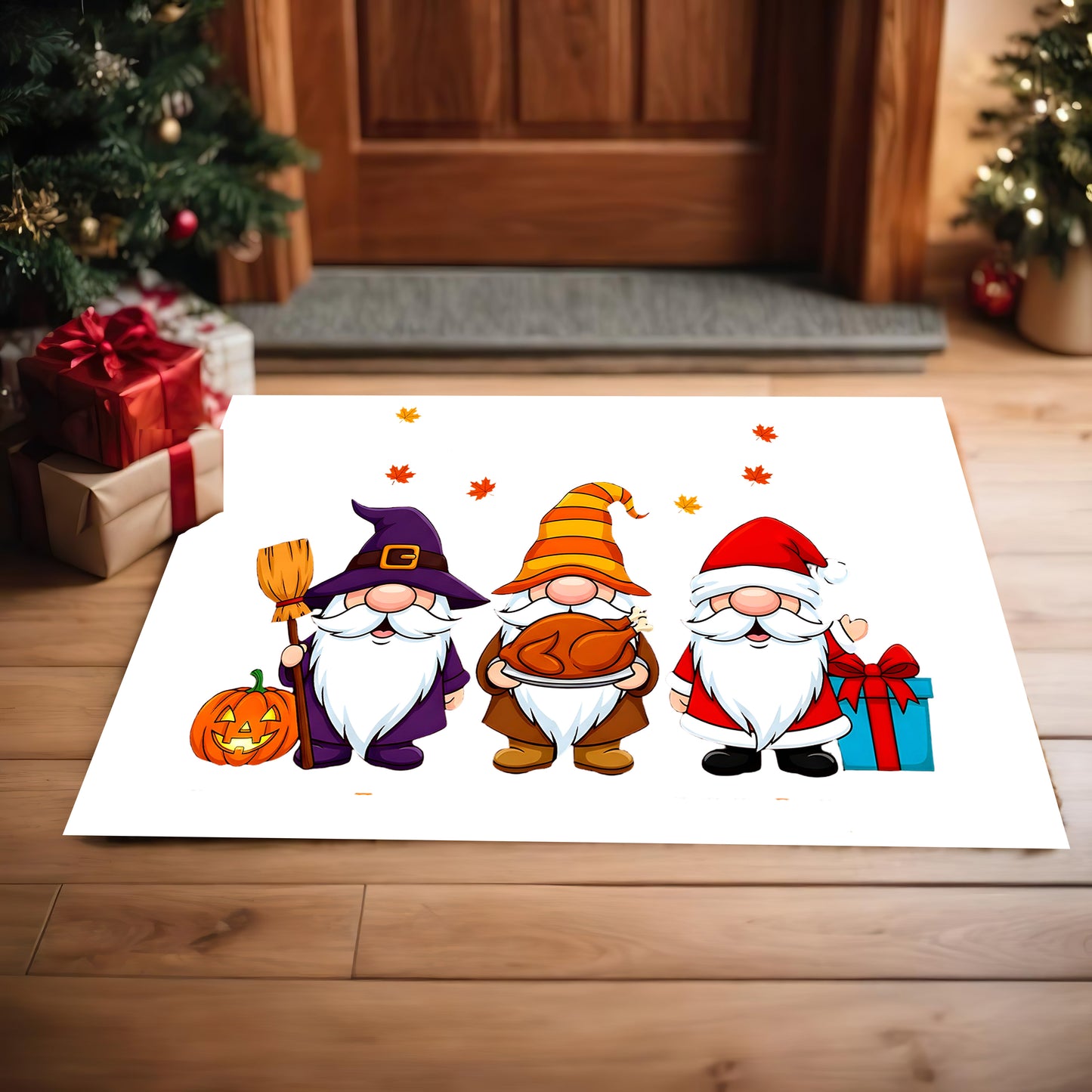 Holiday Gnome Trio Doormat – Halloween, Thanksgiving & Christmas All-in-One Welcome Mat – Cute Seasonal Full-Color Entry Rug