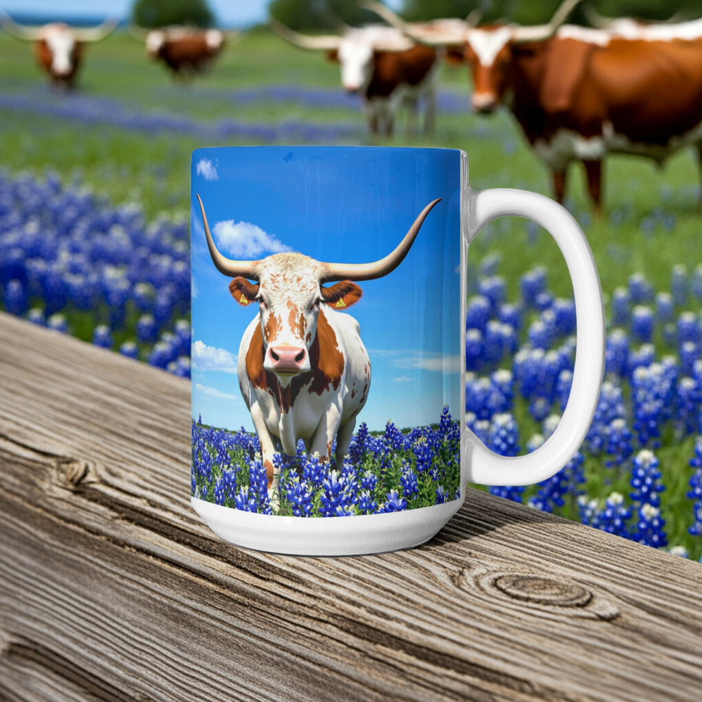 Texas Longhorn in Bluebonnet Field Ceramic Mug – 11oz & 15oz Coffee Cup - Western, Ranch, and Texan Pride - Mallard Moon Gift Shop