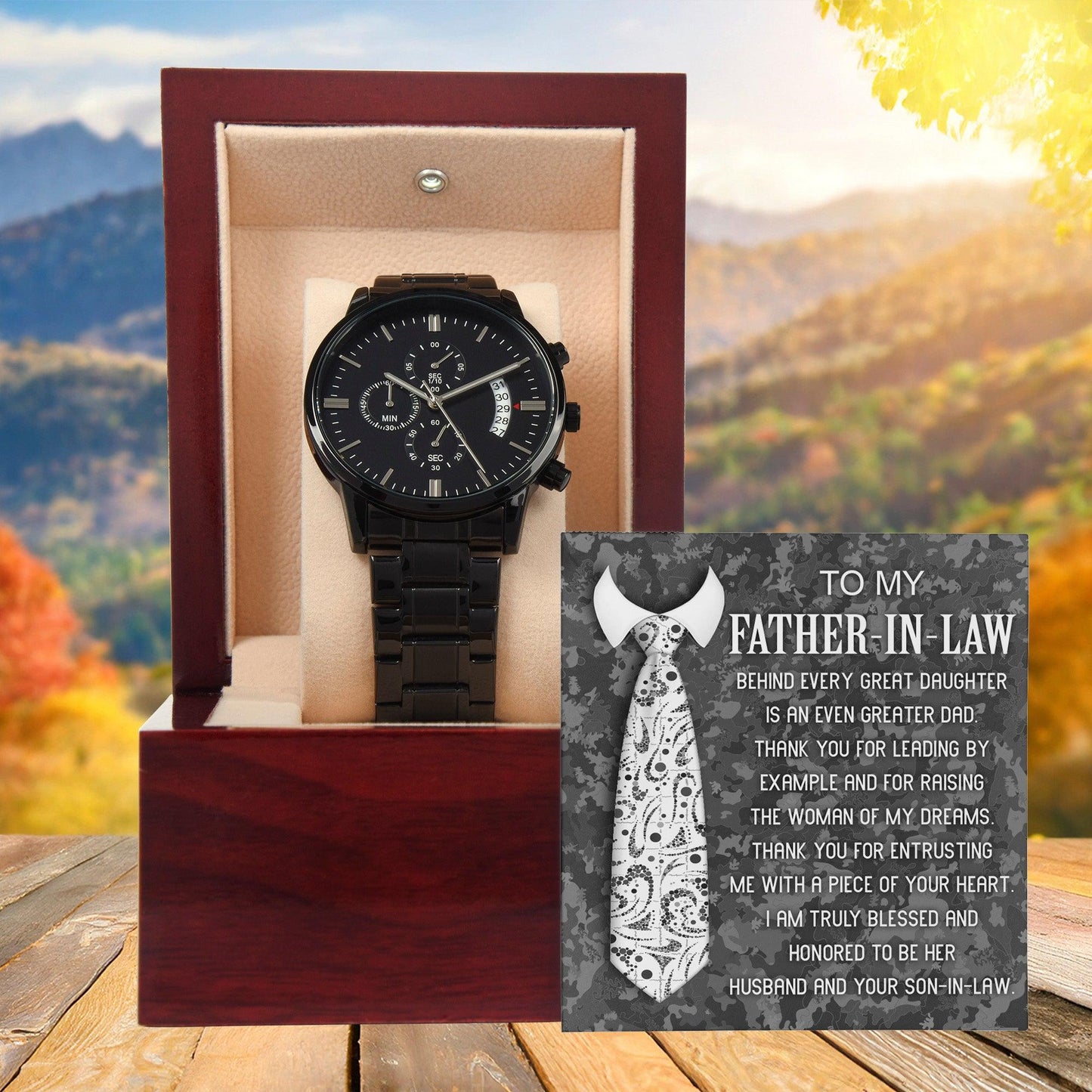 Gift for Father-In-Law - Behind Every Great Daughter is an Even Greater Dad Black Chronograph Watch - Mallard Moon Gift Shop