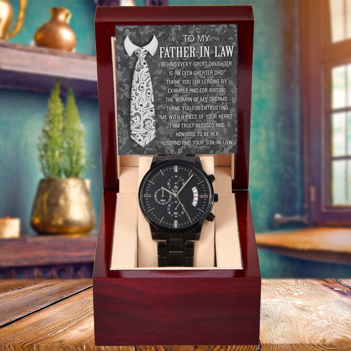 Gift for Father-In-Law - Behind Every Great Daughter is an Even Greater Dad Black Chronograph Watch - Mallard Moon Gift Shop
