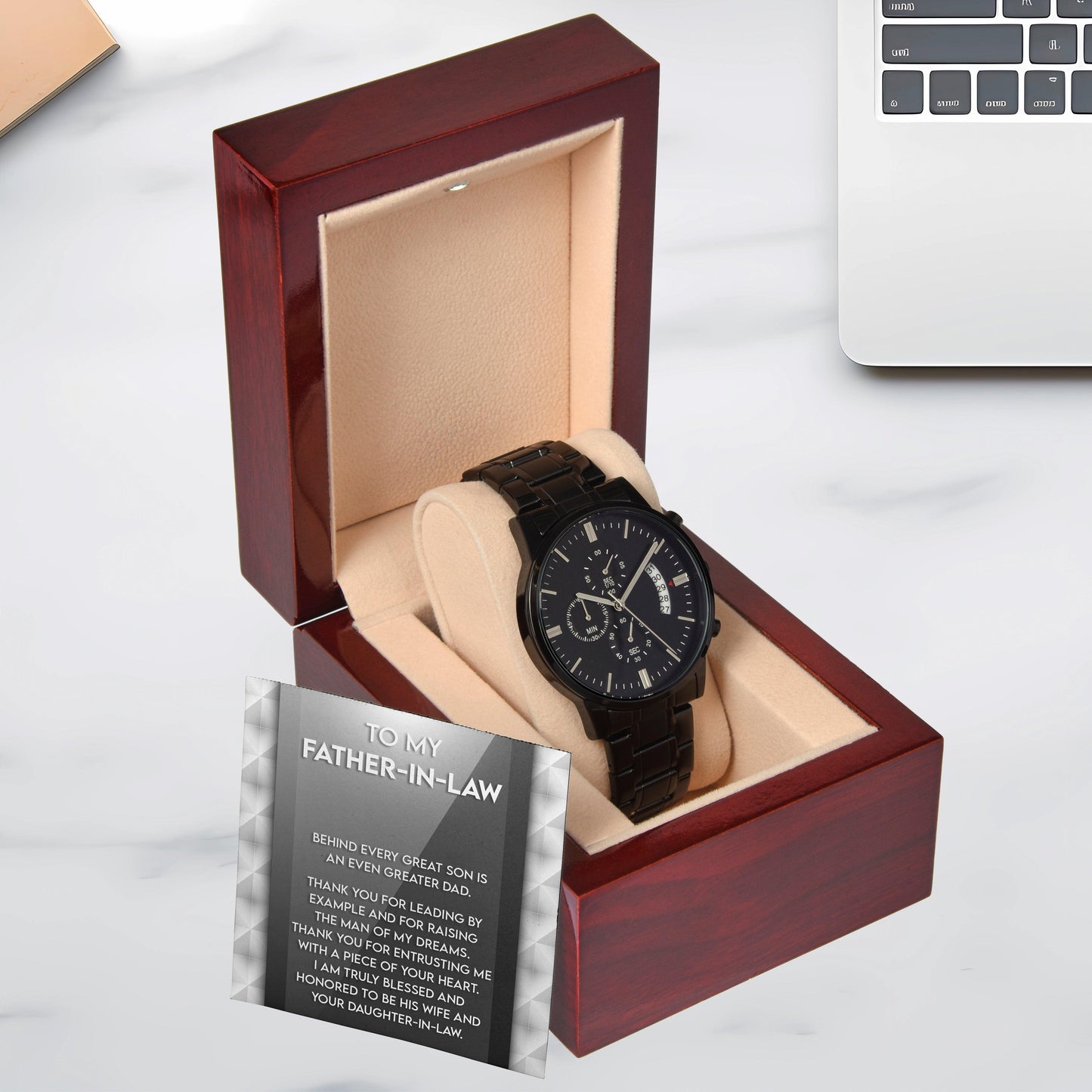 Gift for Father-in-Law Behind Every Great Son Is a Greater Dad Black Chronograph Watch - Mallard Moon Gift Shop