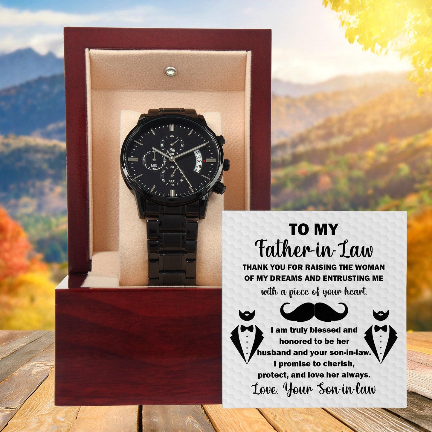 Gift for Father-in-Law Thank You For Raising the Woman of My Dreams Black Chronograph Watch - Mallard Moon Gift Shop