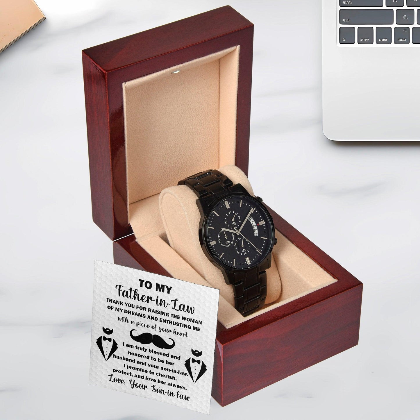 Gift for Father-in-Law Thank You For Raising the Woman of My Dreams Black Chronograph Watch - Mallard Moon Gift Shop